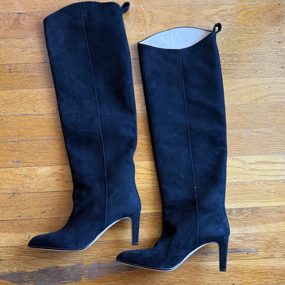 Theory Tube Tall Black Suede Knee High Heeled Boots